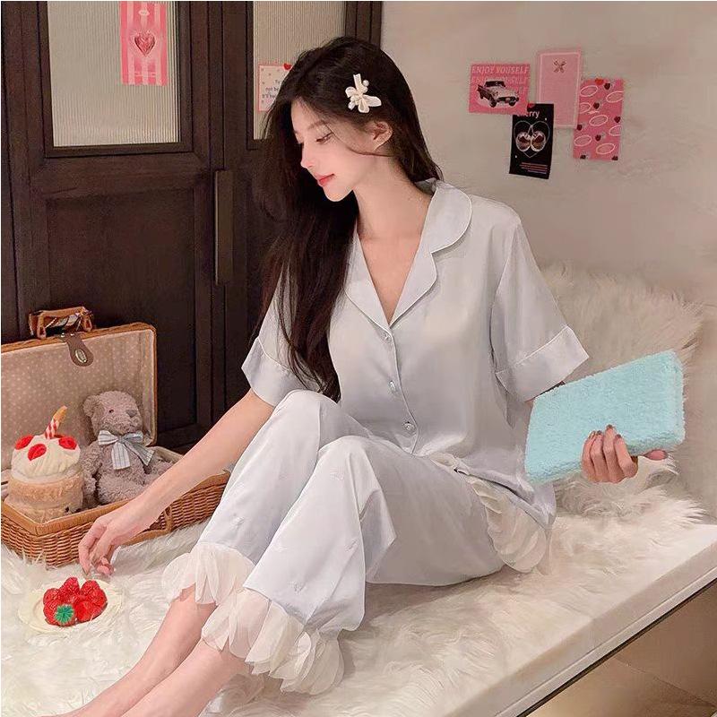 Factory Goods 1011 Ice Silk Pajamas Women's Spring Thin Short-sleeved Douyin Live Broadcast Fashion Printing Set Internet Celebrity