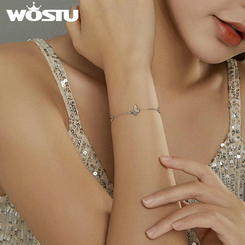 WOSTU Nueva Llegada Pulsera Original de Mariposa de Plata 925 Cadena de Eslabones Ajustable Brillante de Circonita Para Joyería de Mujer CQB197