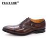 FELIX CHU Men's Brown Genuine Leather Oxfords Dress Shoes Lace-Up Business Wedding Suit Shoes Big Size 13 Size 47