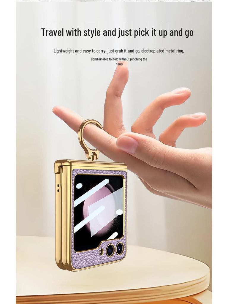 ZFlip5 Magnetic Hinge Leather Ring Case - Foldable Screen, Creative & Simple Design
