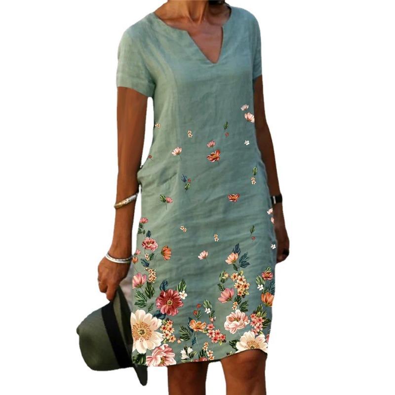 Fashion Summer Short Sleeve Printed V-Neck Dress Elegant Loose Casual Simple A-line Party Dresses Plus Size Holiday Ofice Ladies Clothing