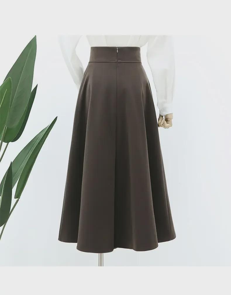 Nová stylová plisovaná sukně ve tvaru deštníku s vysokým pasem – Jarní/Podzimní střední délka s designem pasu do V