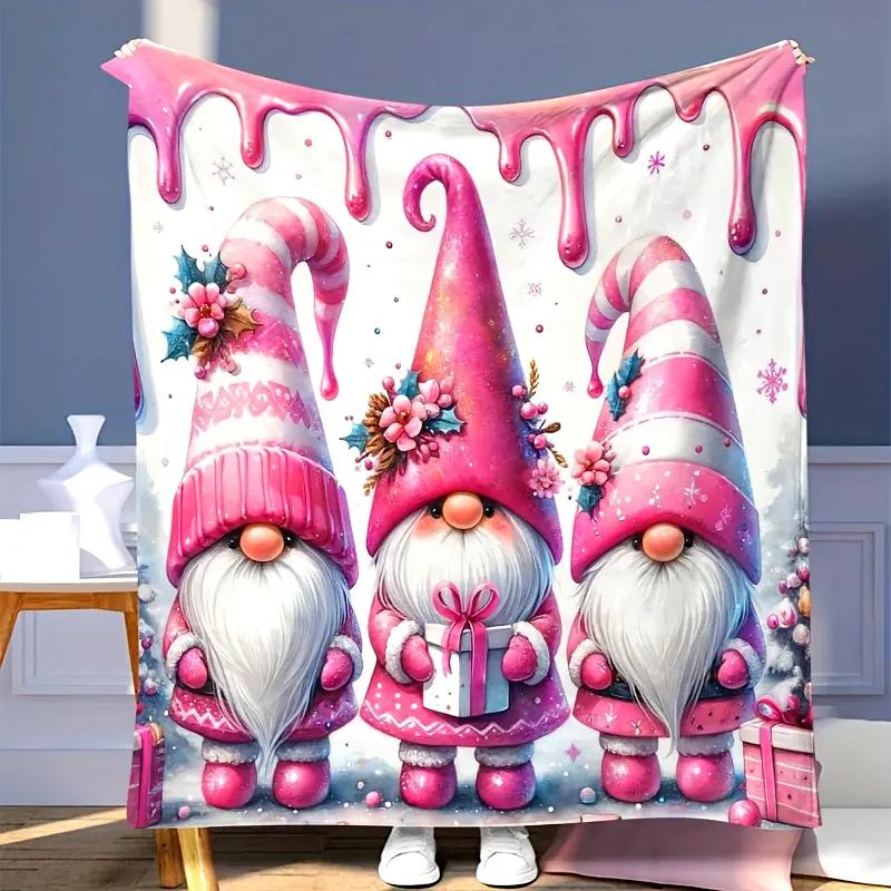 Cozy Christmas Gnome and Bell Print Flannel Blanket - Soft, Warm, and Versatile for Sofa, Office, Bed, Camping, and Travel 130x150cm