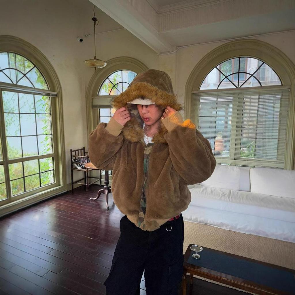 2026 Men's Trendy Double-Sided Golden Eagle Fur Collar Camouflage Velvet-Lined Cotton Jacket