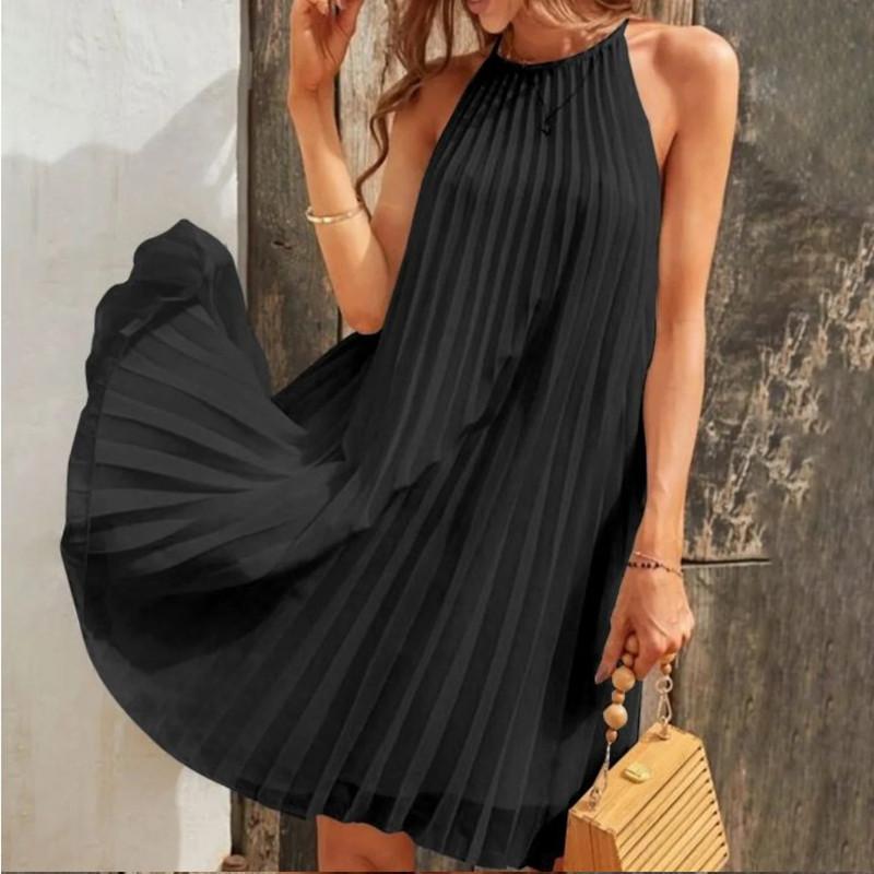 European and American new temperament elegant solid color sleeveless round neck pleated dress