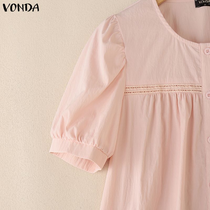 VONDA Wemen Casual Round Neck Puff Sleeve Embroidery Hem Buttons Blouse