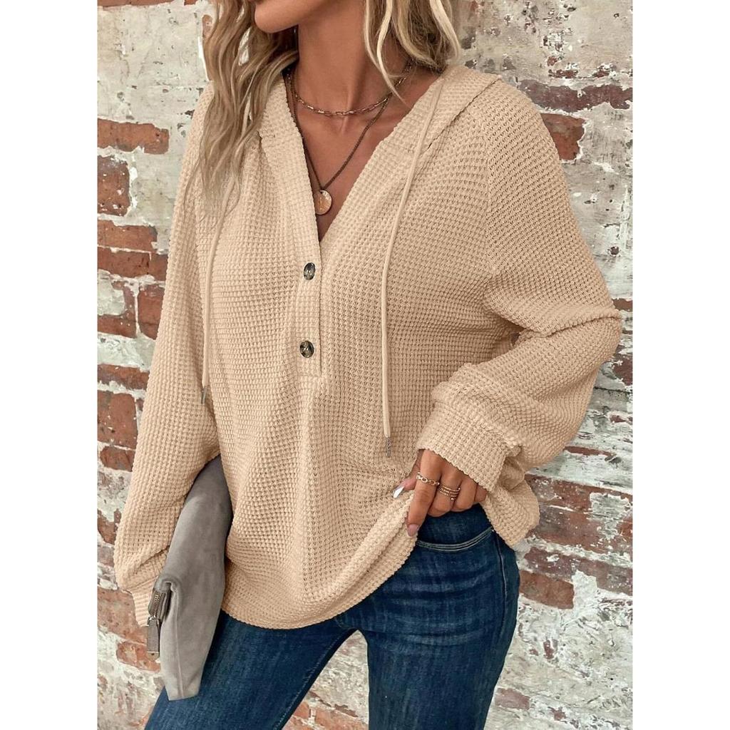 Women's Hoodies, Waffles, Knitwear, Drawstring, Button V-neck, Long Sleeves, Pullovers, Casual, Sports Hoodies
