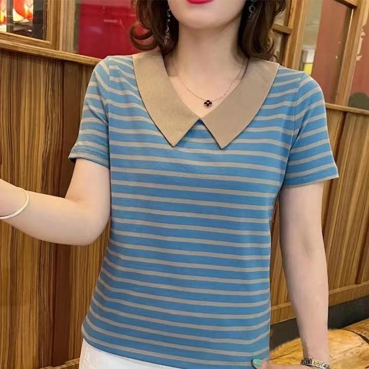 Striped Short-sleeved T-shirt In Summer New Loose Belly Covering Doll Collar Top Age-reducing Half-sleeved Shirt