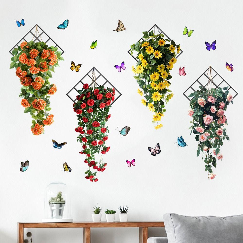 3D Design Wall Sticker Multicolor Self-adhesive Mural Art Flower Basket Flower & Butterfly Wall Decorative Sticker