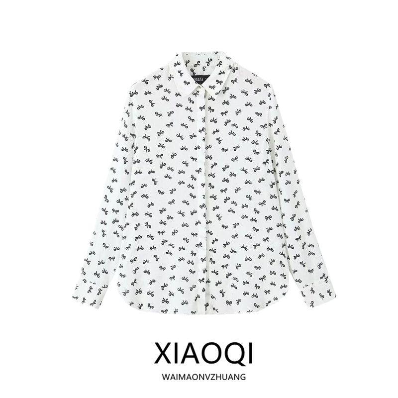 Western Style 2024 Summer New Women Loose Casual Top Contrast Color Print Long sleeve Lapel Shirts 8111199