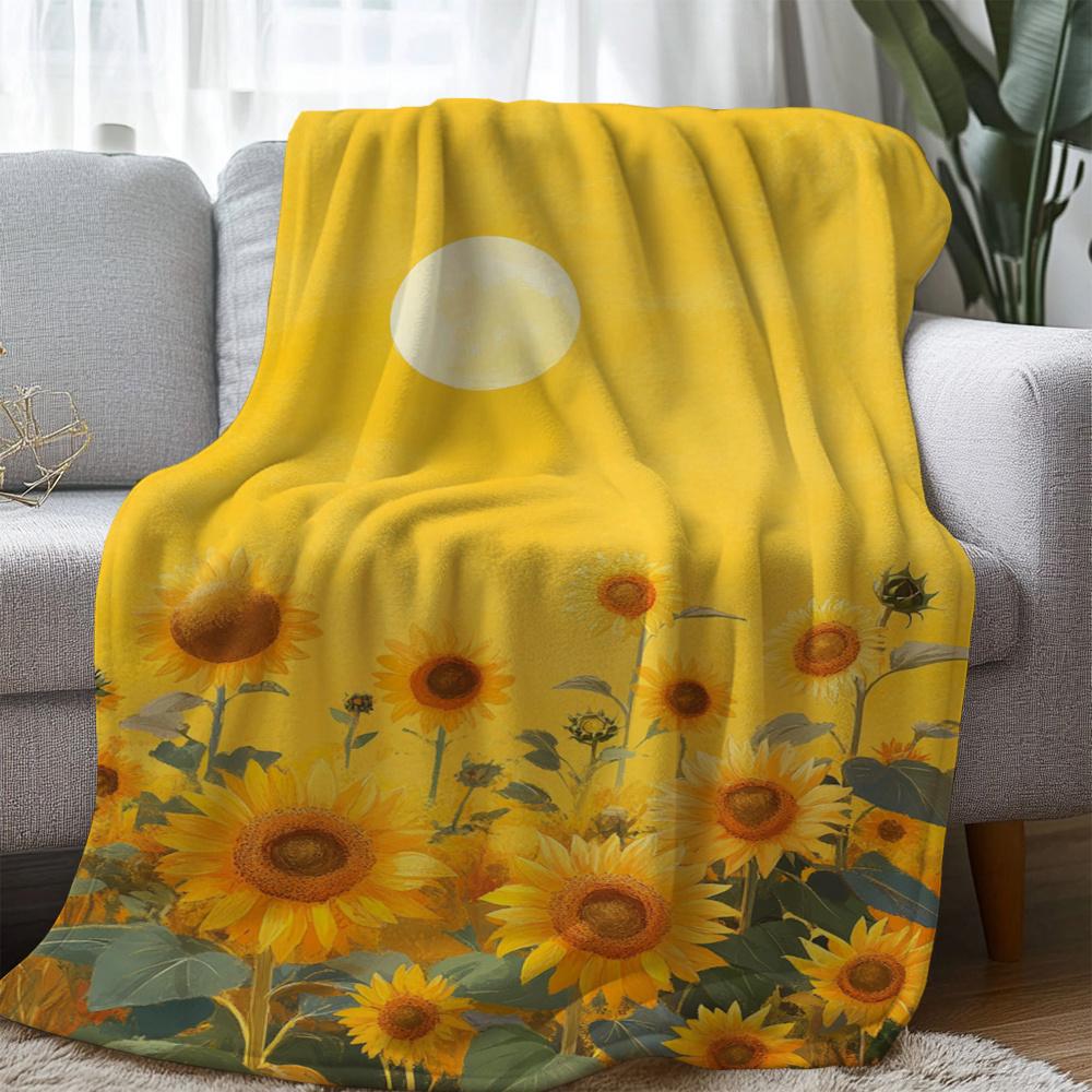 Sunflower Field Print Throw Blanket - Vintage Botanical Floral Motif Soft Lightweight Accent for Sofa Bed Travel Office Gift