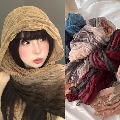 Cotton Hemp Pleated Scarves Women's Gradient Color Linen Scarf  Fashionable Trend Fold Shawl Windproof Sand Proof Headscarf