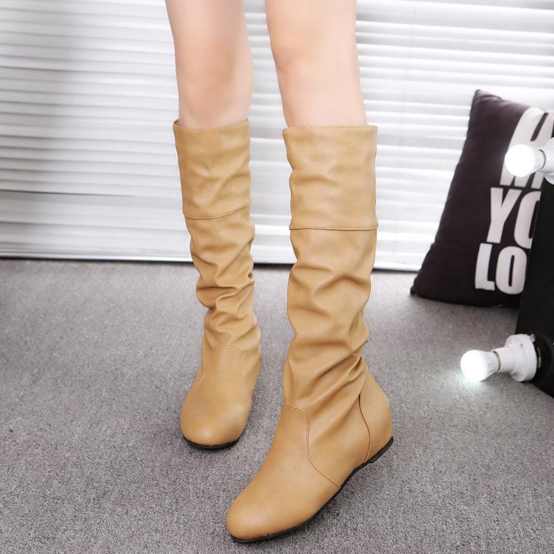 Plus Size 2020 Women's Long Leather Boots - Solid Color, Pleated, High-top, European Style