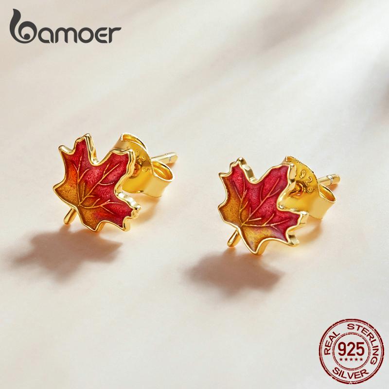 Bamoer 925 Sterling Sølv Morsomme Emalje Bright Maple Leaf Stud øredobber for kvinner Elegante fine smykker