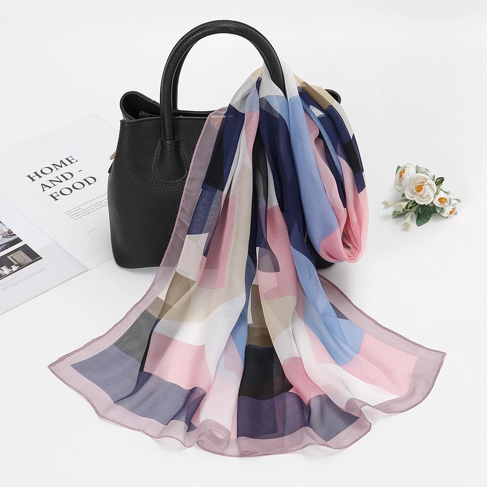 Silk Scarf Chiffon Hijabs For Women Elegant Woman Shawls Wraps Geometric Print Beach Stole Scarves Foulard Femme Hijab 150*50Cm