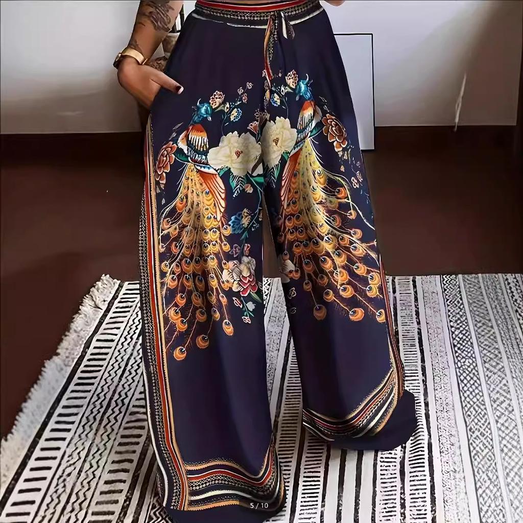 Autumn Fashion Casual Wide Leg Pants with Lace Up Positioning Printed Oversized Women’s Pants & Capris