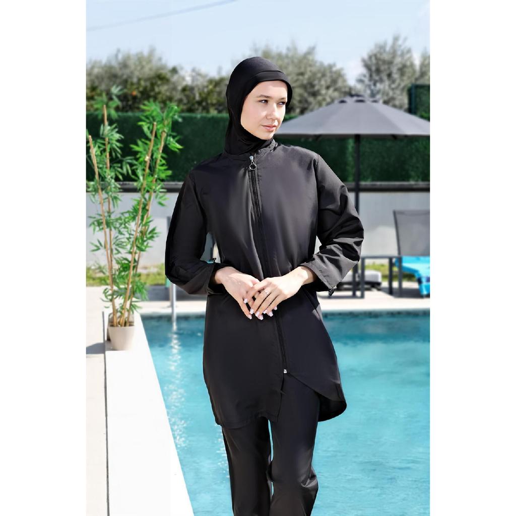 Schwarzer, vollständig bedeckter, wasserabweisender, schnell trocknender Hijab-Badeanzug mit seitlich verstellbarem Reißverschluss