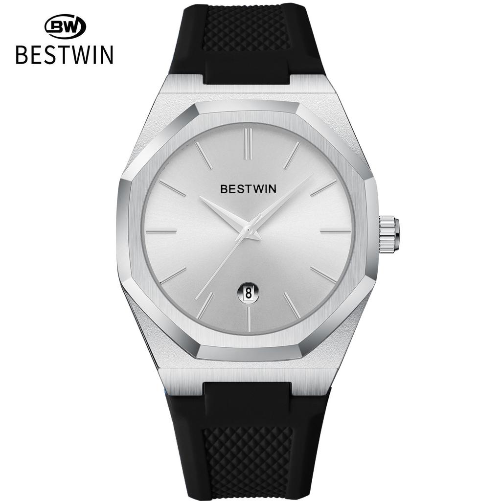 BestWin Luxury Quartz Wristwatch Silicone Strap Reloj Hombre Sport Watch For Man Fashion Date Silicone Calendar Waterproof Clock
