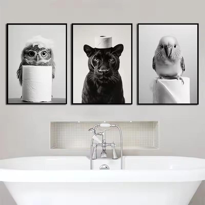 Animal Bathroom Toilet Paper Canvas Painting Poster Otter Hedgehog Giraffe Gift Wall Room Home Decor Black White Print Modern