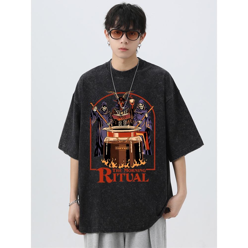 The Morning Ritual Coffee Funny Washed Retro Men T Shirts Summer Cotton T-Shirts Breathable Loose Clothes