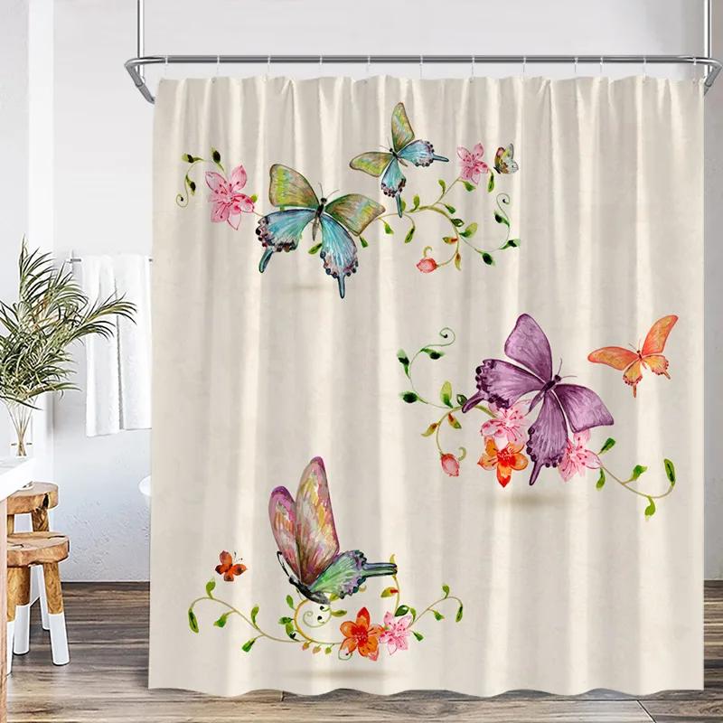 Pink Rose Floral Shower Curtains Rustic Flowers Green Leaves Modern Fabric Home Bathroom Decorative Bath Curtain Set With Hooks