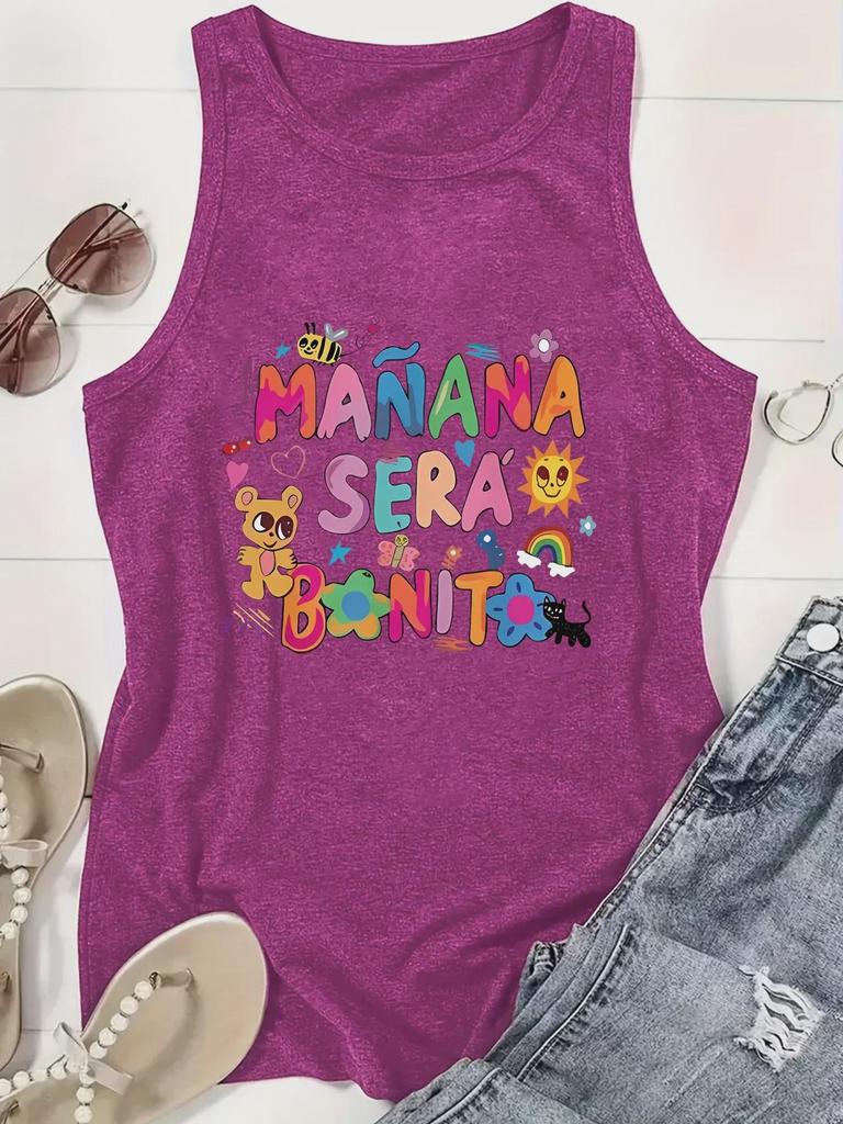 Colorful Letter Print Round Neck Sleeveless Vest - Spring/Summer Casual Top for Women