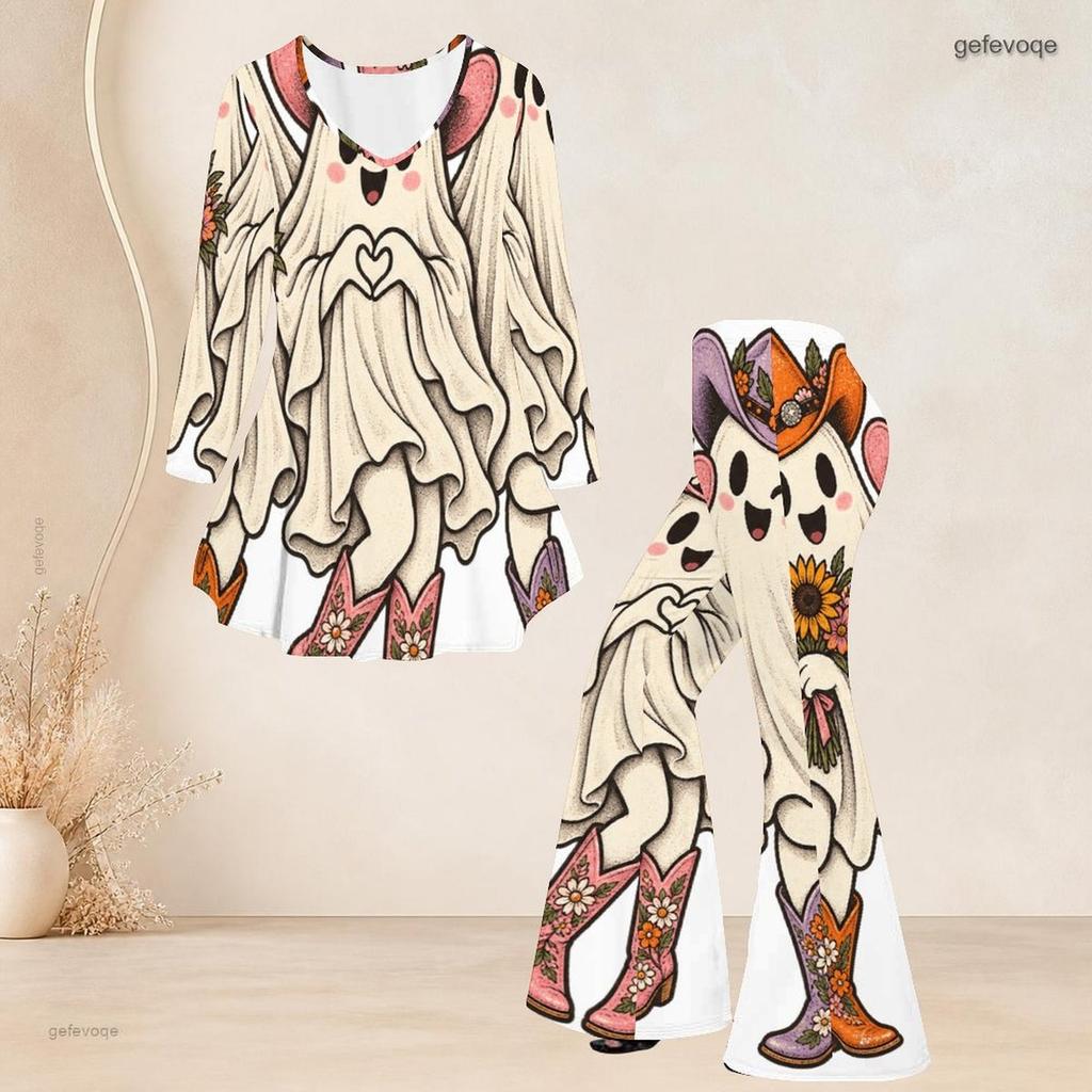 Women Plus Size Two Piece Set Round Neck Three Quarter Sleeve Bear Pumpkin Printed Flared Top And Flared Pants