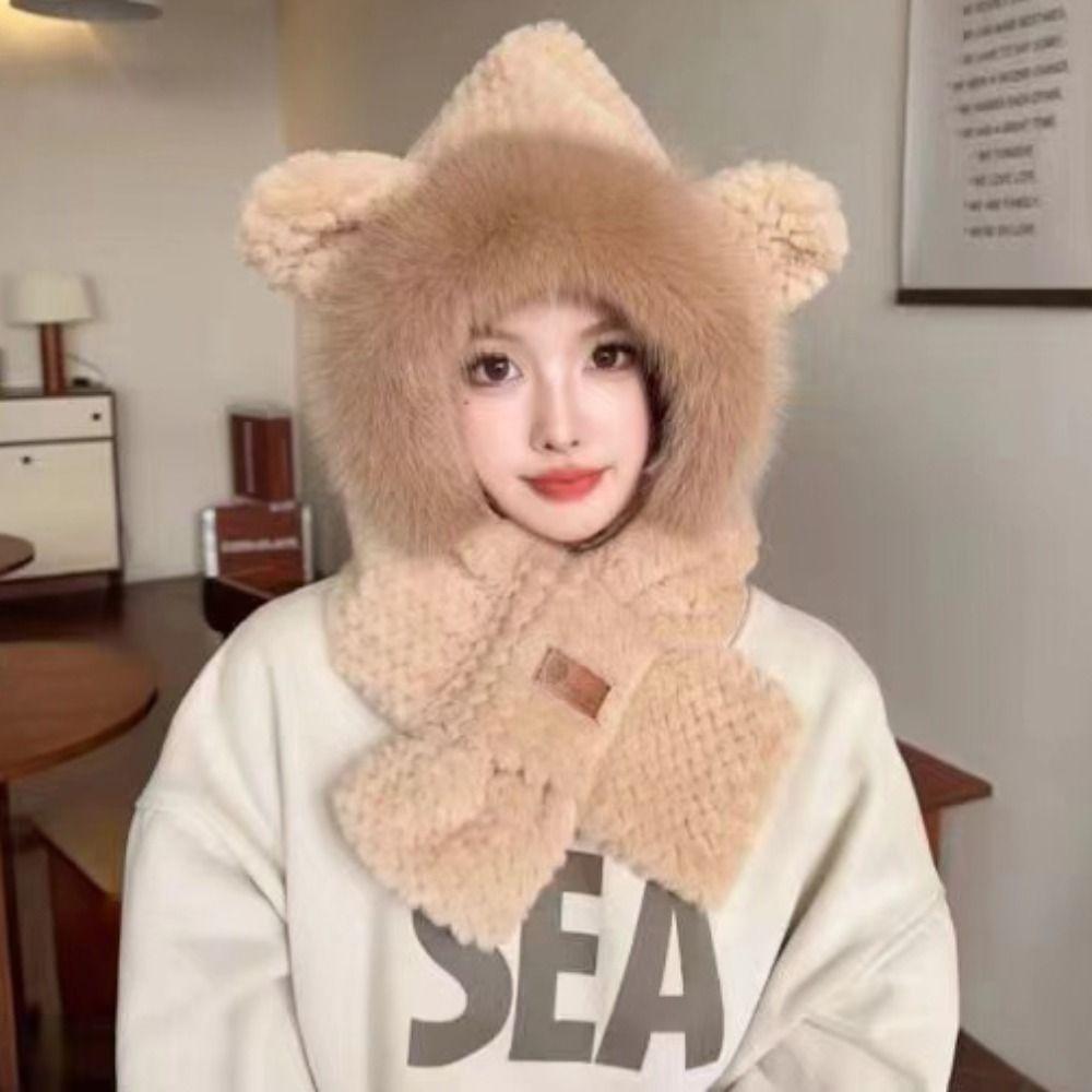 Warm Bear Ear Hat Soft Winter Neckerchief Cartoon Plush Scarf Ski