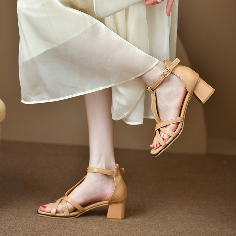 Fashion Ladies Shoes Hot Sale One-word Buckle Women's Sandals Summer Square Open Toe Solid Mid Heel Fashion Dress Party Sandals Women