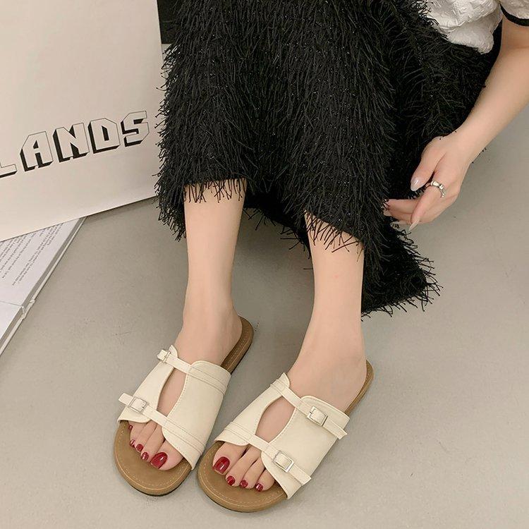 

French one-pedal slippers women s 2025 new summer outer wear flat-bottomed one-word slippers double-buckle beach cool slippers women 35 бежевый