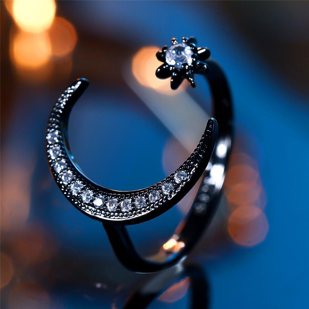 Charm Female Crystal Moon Star Open Ring Black Gold Color Vintage Wedding Jewelry For Women