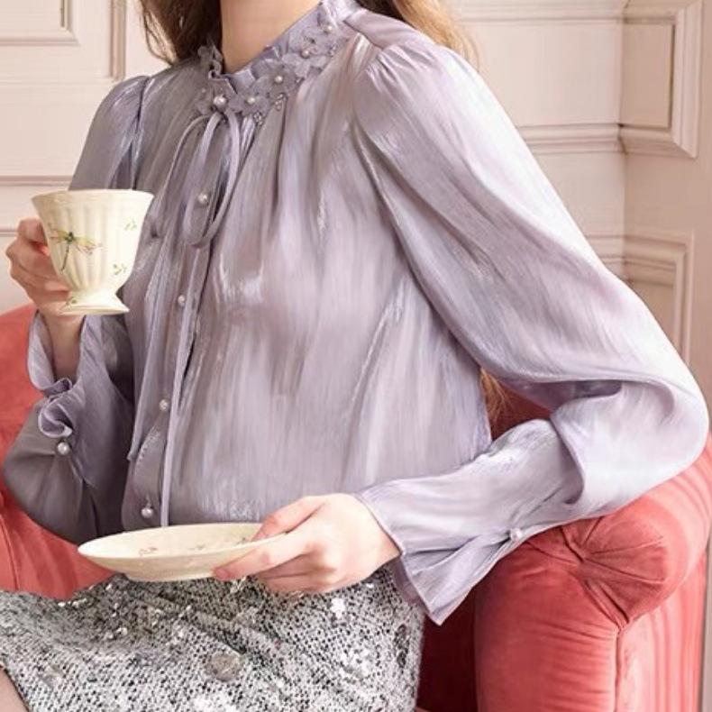 2026 Spring Pearl Flower Bell Sleeve Women's Fragrance French Collar Shirt