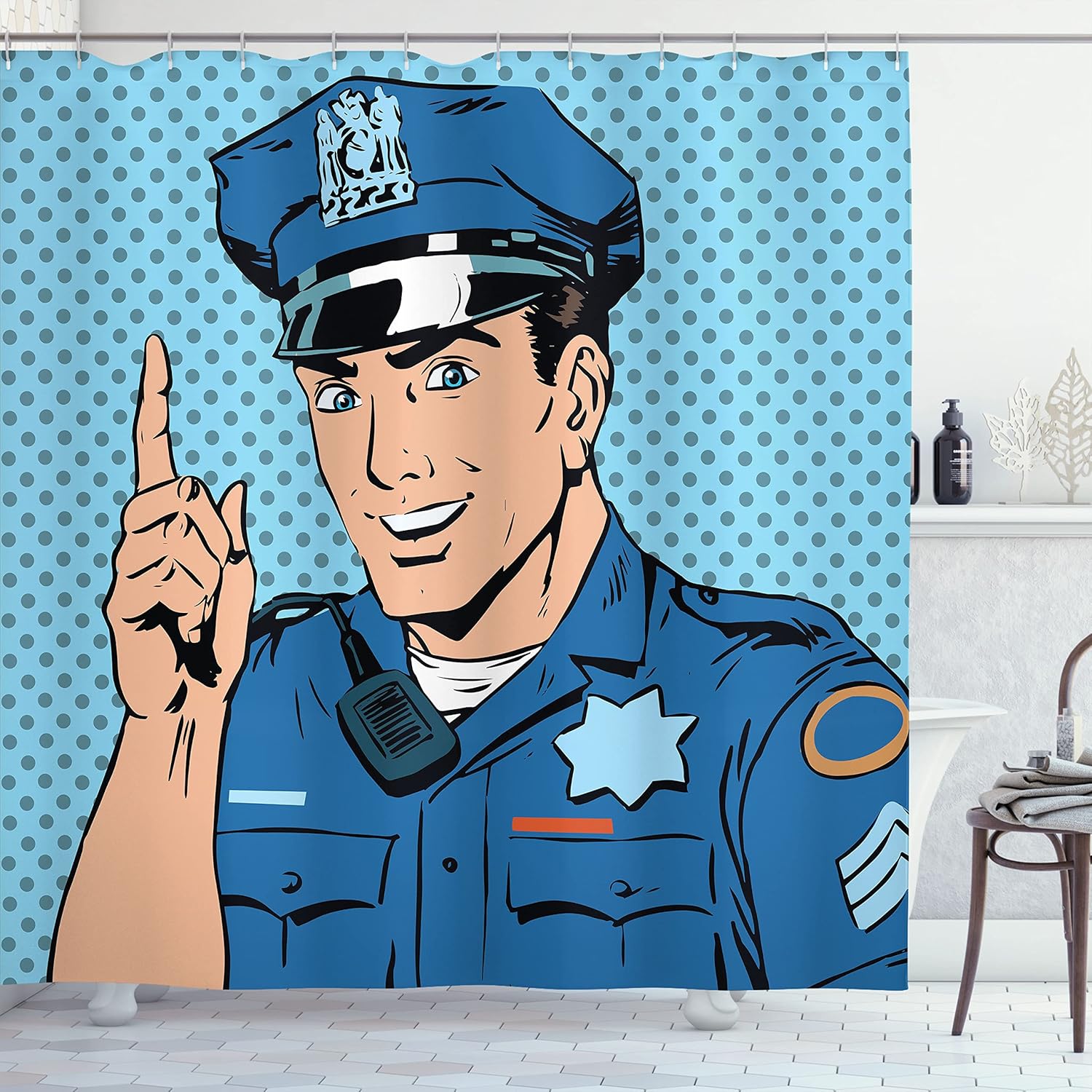 

Police Officer Shower Curtain Comic Style Pop Art Blue Uniform Cartoon Character Bath Decor Waterproof Fabric Home Accessories W60H190(CM)-1 Pcs