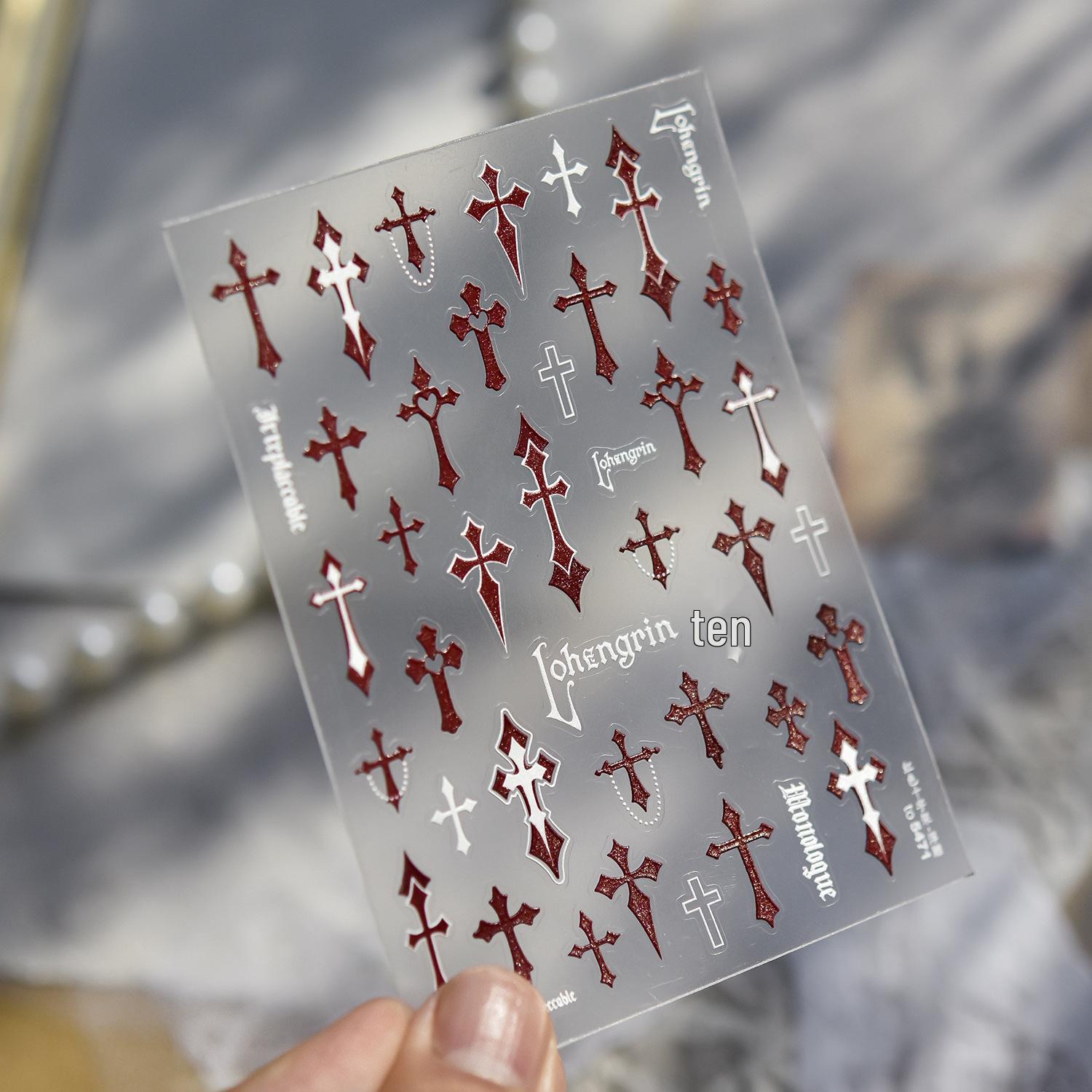 Tomoni Retro Embossed Nail Art Stickers - New Chinese Style, DIY Red Cross Design