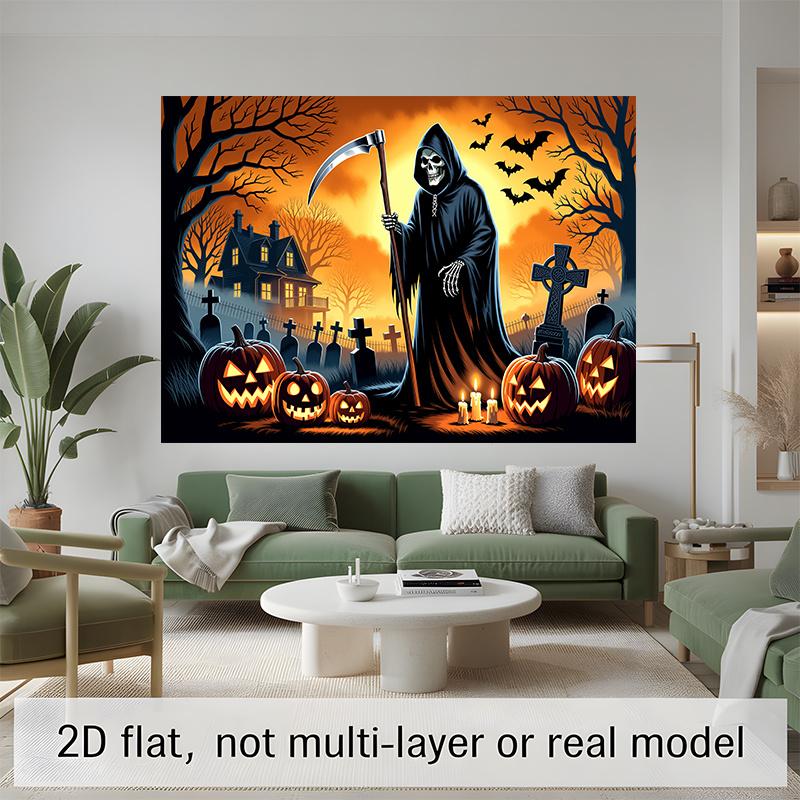 Party Backdrop Halloween Flat Banners Spooky Pumpkins Grim Reaper Ghostly House Celebration Photo Booth Front Door Decor
