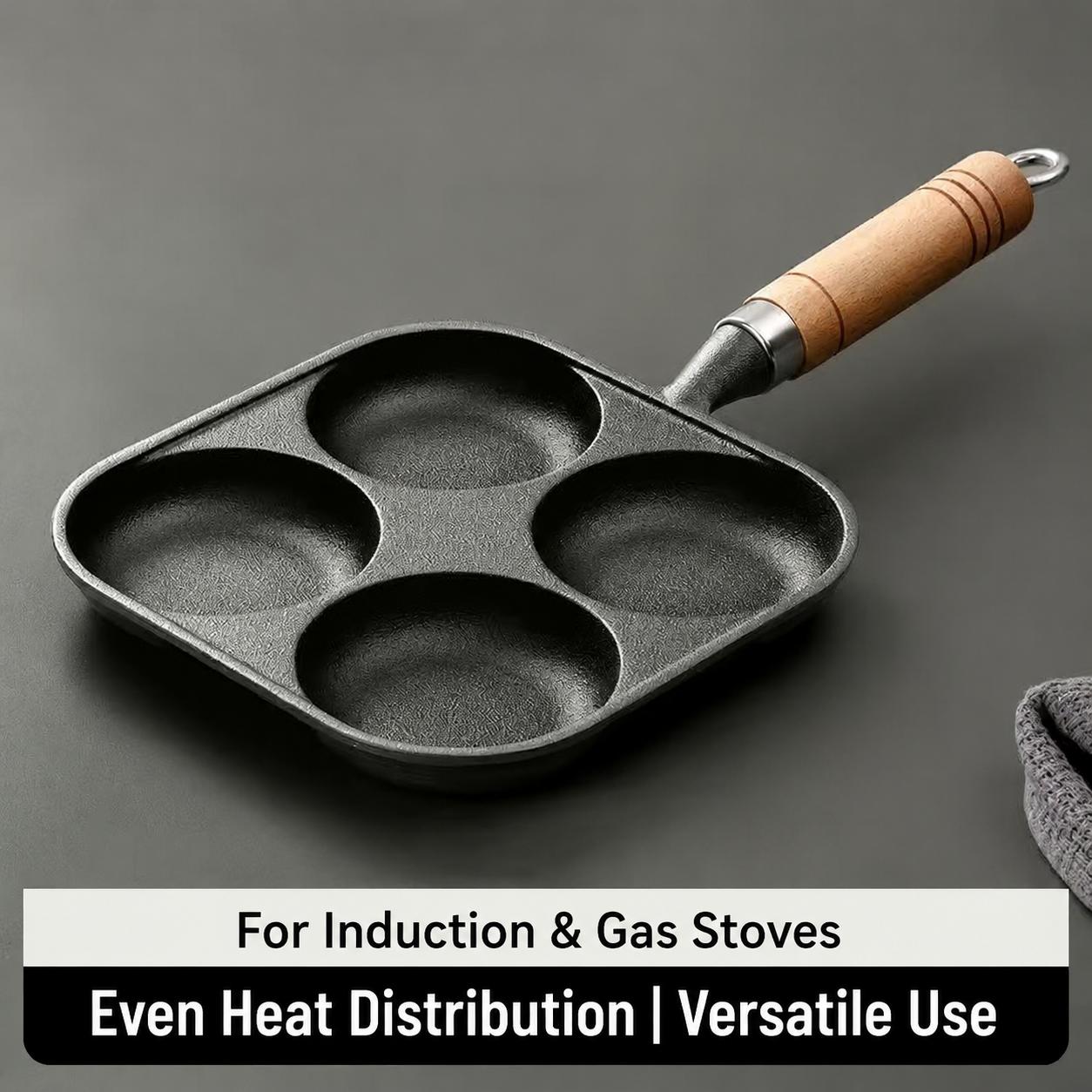 4-Hole Cast Iron Pan Non-stick Deepened Skillet Household Cookware Multi-grid Design for Frying Egg Burger Quail Egg