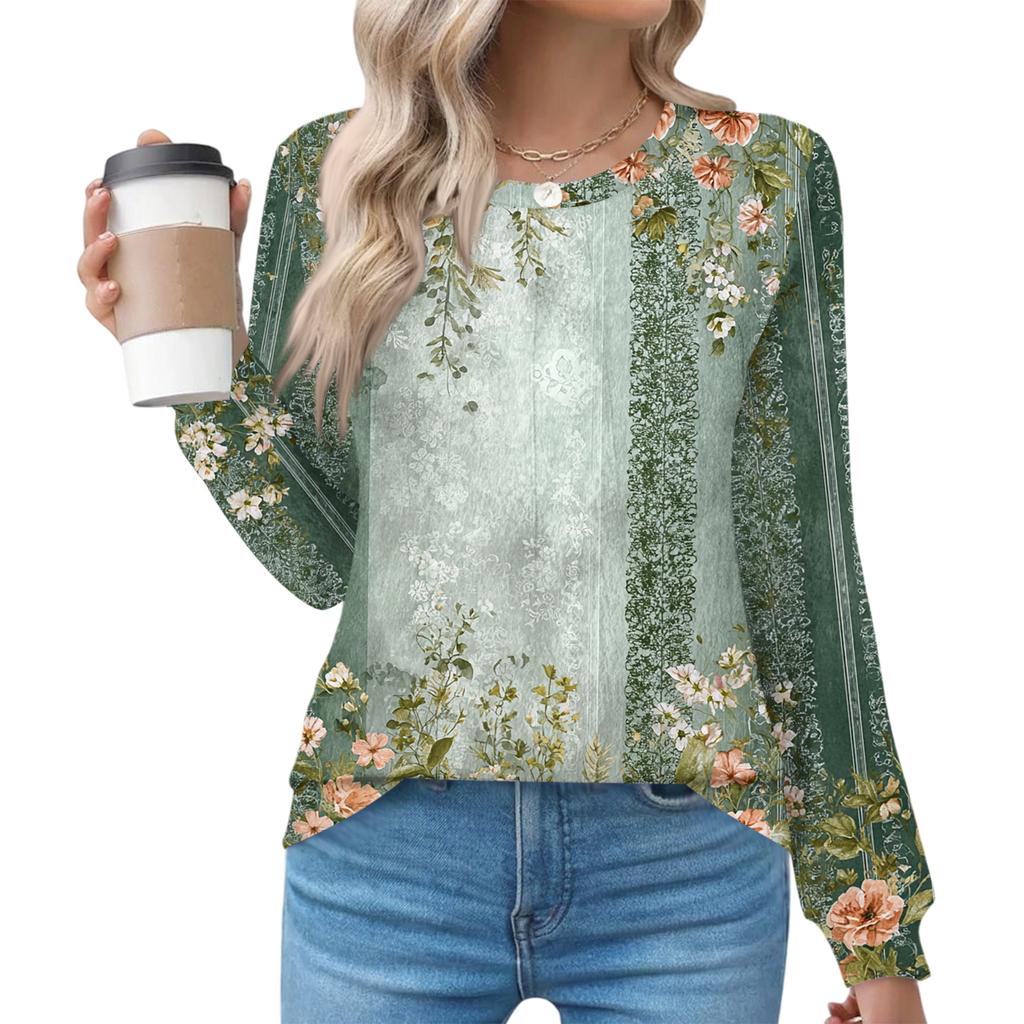 Women's Fashionable Casual Floral Retro Print Pleated Comfortable Round Neck Loose Long Sleeve T-shirt Top
