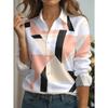 Women's casual shirts feature geometric color blocks arranged in an interlaced pattern, with black, brown, and white forming an abstract print