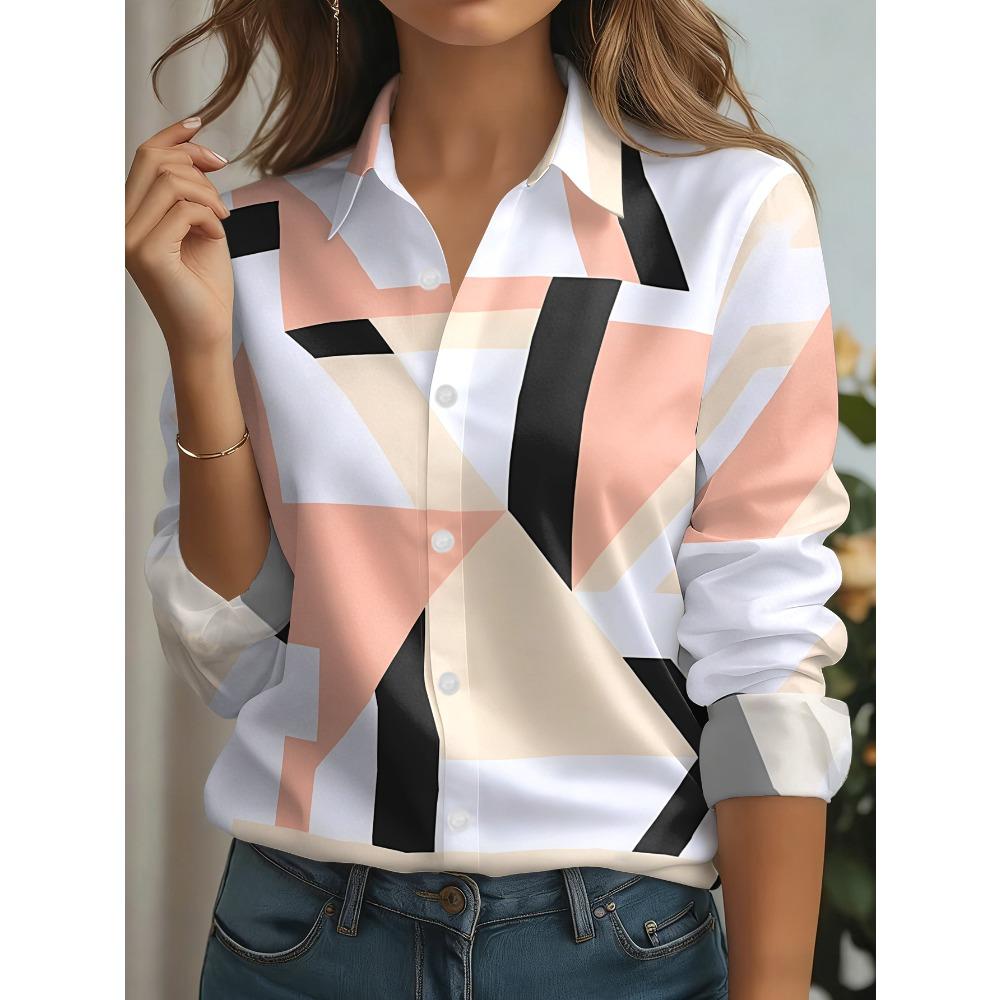 Women's casual shirts feature geometric color blocks arranged in an interlaced pattern, with black, brown, and white forming an abstract print