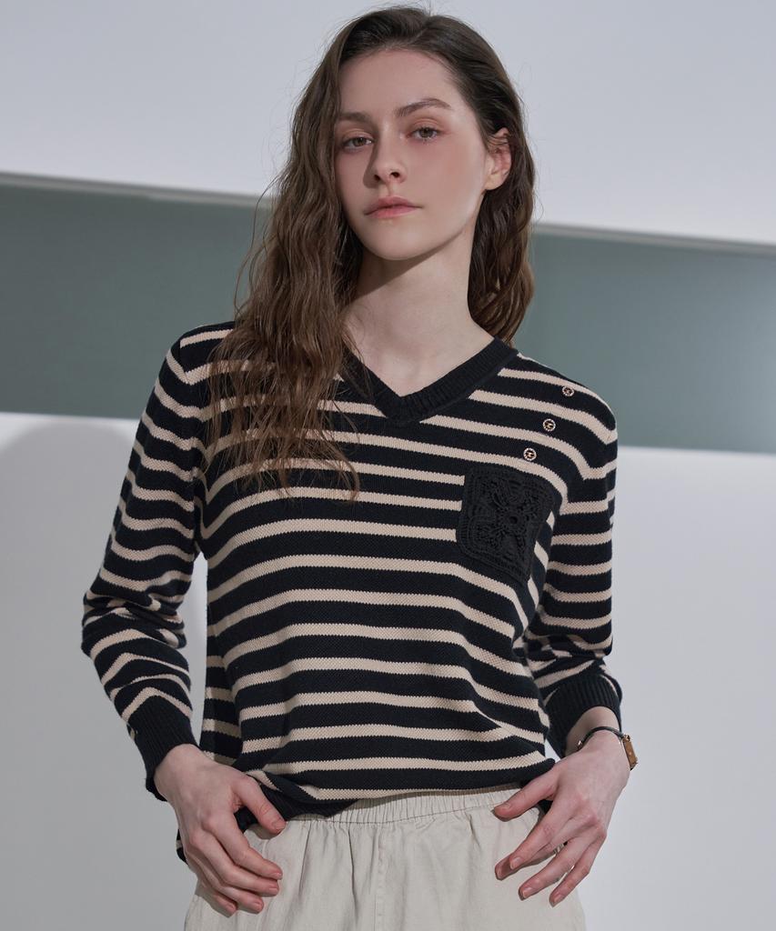 LENIC&MCCOY V-Neck Contrast Embroidered Patch Knit Mn03Kn070Fjy