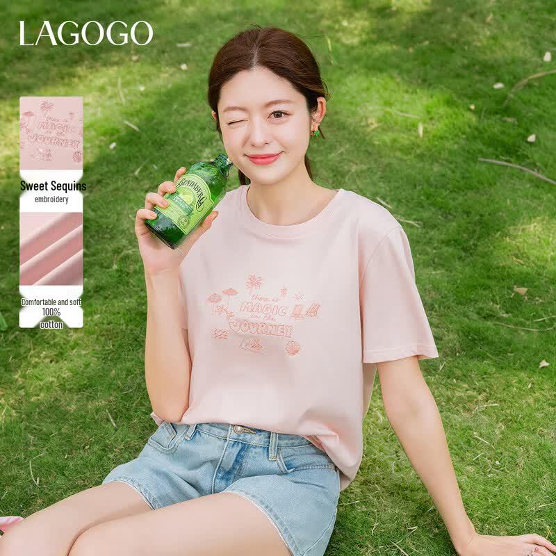 LAGOGO Women s Embroidered Sequin Cotton T-Shirt S