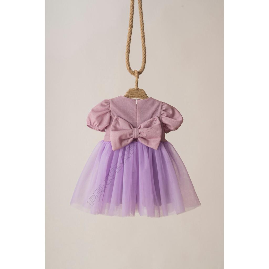 Rosa kurze Ballon-Stoffärmel, detailliertes Tutu-Tutu-Kleid für Babymädchen