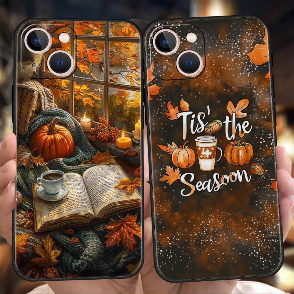 Phone Case Cover for iPhone 17 16 15 14 13 12 Pro Max 11 Pro Max 17AIR Plus Shockproof Soft TPU Bag Pumpkin Autumn Leaves Coffee