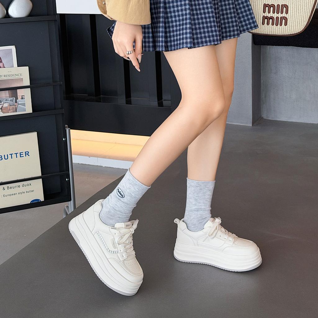 Thick-soled heightening lace-up board shoes women's new high-end versatile leather casual sports shoes
