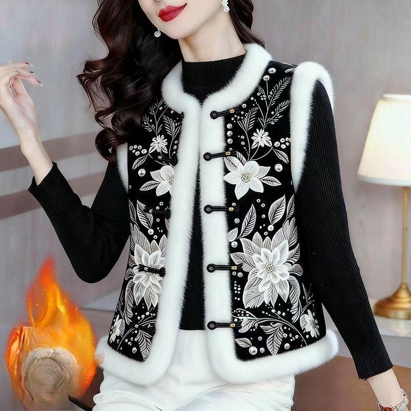 

Теплий флісовий жилет без рукавів у китайському стилі з круглим вирізом та ґудзиками-жабками XXXL чорний