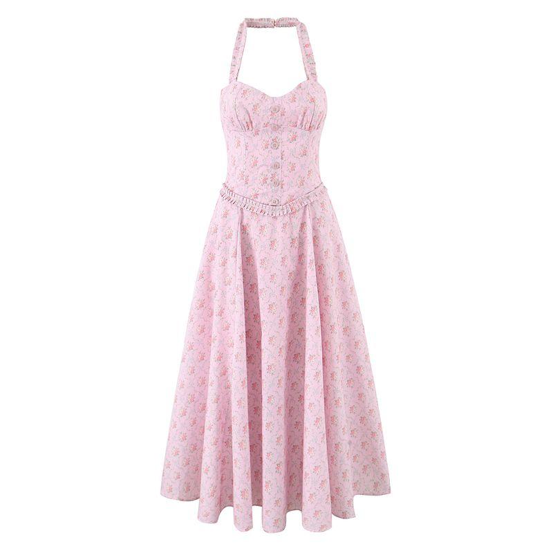 

Dream Flower House Same Style French style Sweet Pink Floral Sexy Waist Hugging Backless Pure Desire Hanging Neck Dress Flower Language in Dreams L