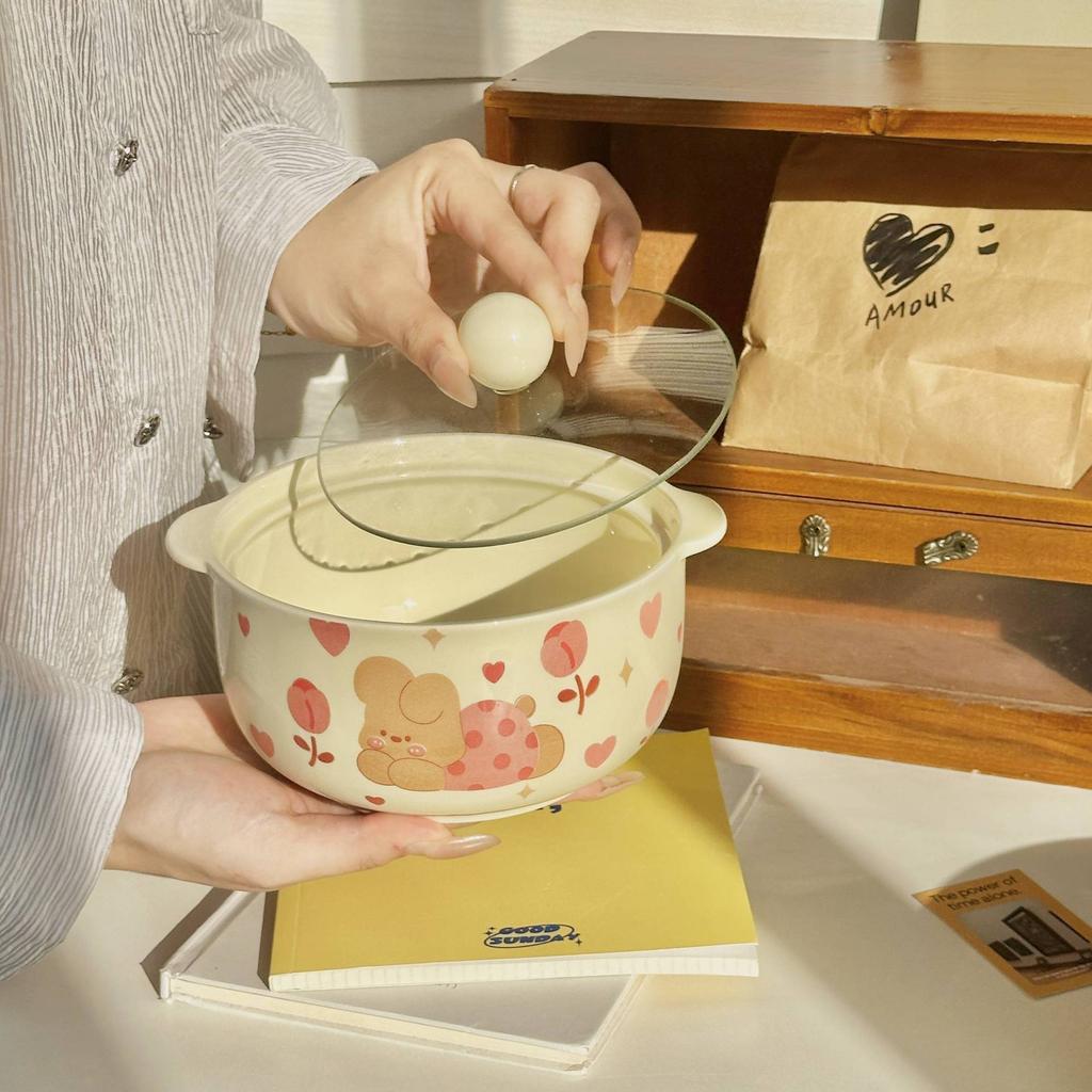 Ins Wind Cute Binaural Instant Noodle Bowl with Lid Household New Noodle Bowl Cream Wind Ceramic Snail Powder Bowl