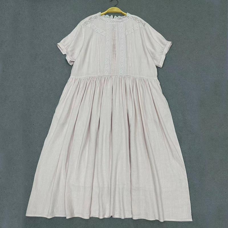 Johnature Summer Palace Style Loose Waist Patchwork Lace Dress Women Vintage Solid Color Ruffles Dresses