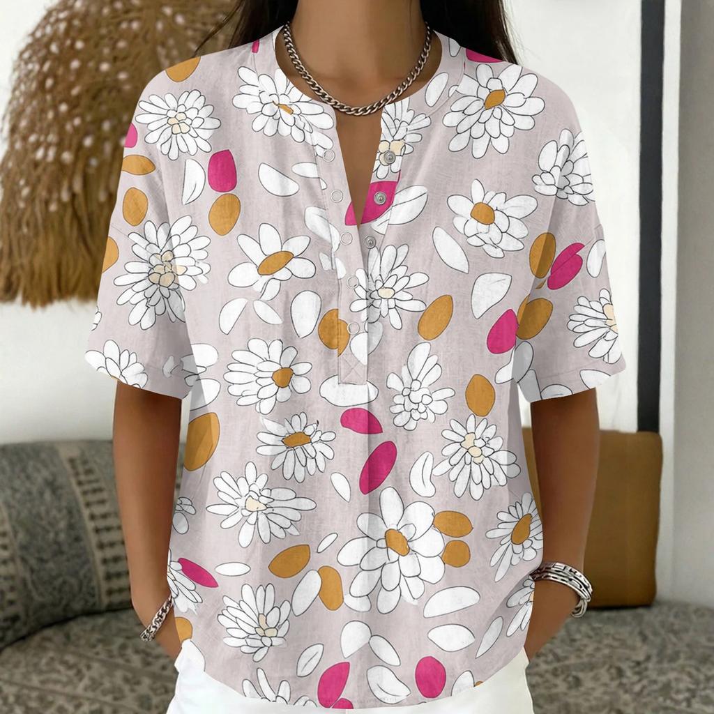 Women Fashion Floral Print V Neck Blouse Short Sleeve Pullover Top Lightweight Casual Shirt