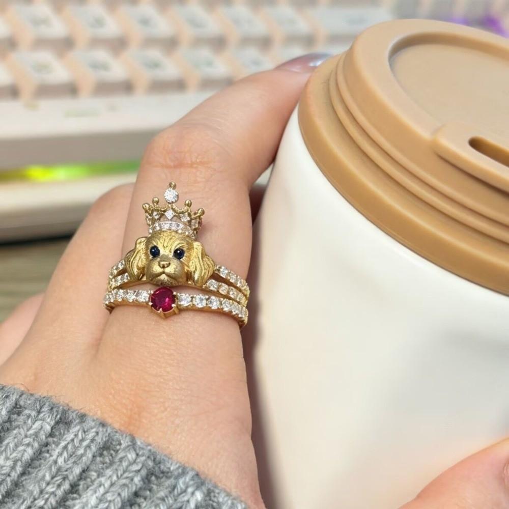 Metal Rhinestone Dog Rings Open Mouth Design Fashion Jewelry Cute Cat Ring  Work